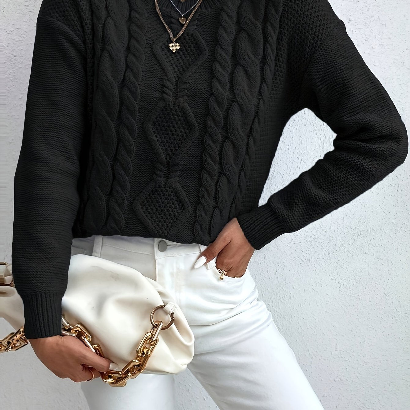 Vrouwen Chunky Drop Shoulder Trui - Hoogelastische Machine Wasbare Ronde Hals Pullover, Knusse Casual Winter Herfsttrui voor Gemakkelijke Kledingstijl, Herfsgarderobe, Hoogelastisch Stof