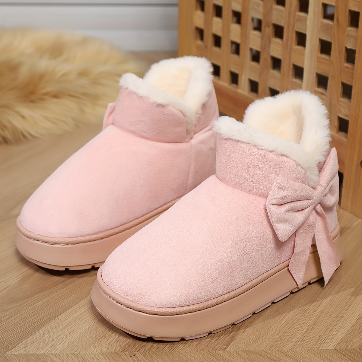 Gezellige Winter Sneeuwlaarzen met Pluche Voering voor Mannen en Vrouwen - Elegante Strikdetail, Zachte Zool, Binnen/Buiten Mode Slippers in Grijs, Roze, Zwart, Beige - Warm Thuis Schoeisel