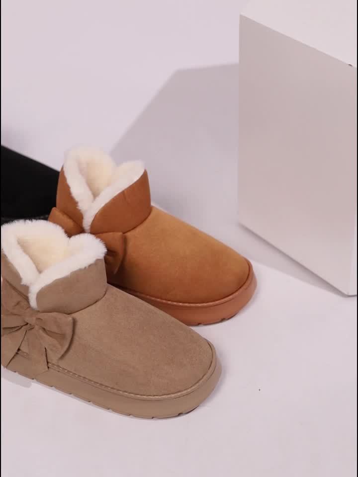 Gezellige Winter Sneeuwlaarzen met Pluche Voering voor Mannen en Vrouwen - Elegante Strikdetail, Zachte Zool, Binnen/Buiten Mode Slippers in Grijs, Roze, Zwart, Beige - Warm Thuis Schoeisel