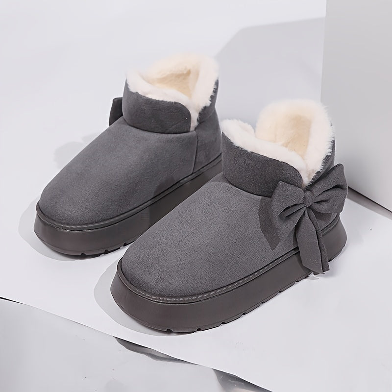 Gezellige Winter Sneeuwlaarzen met Pluche Voering voor Mannen en Vrouwen - Elegante Strikdetail, Zachte Zool, Binnen/Buiten Mode Slippers in Grijs, Roze, Zwart, Beige - Warm Thuis Schoeisel