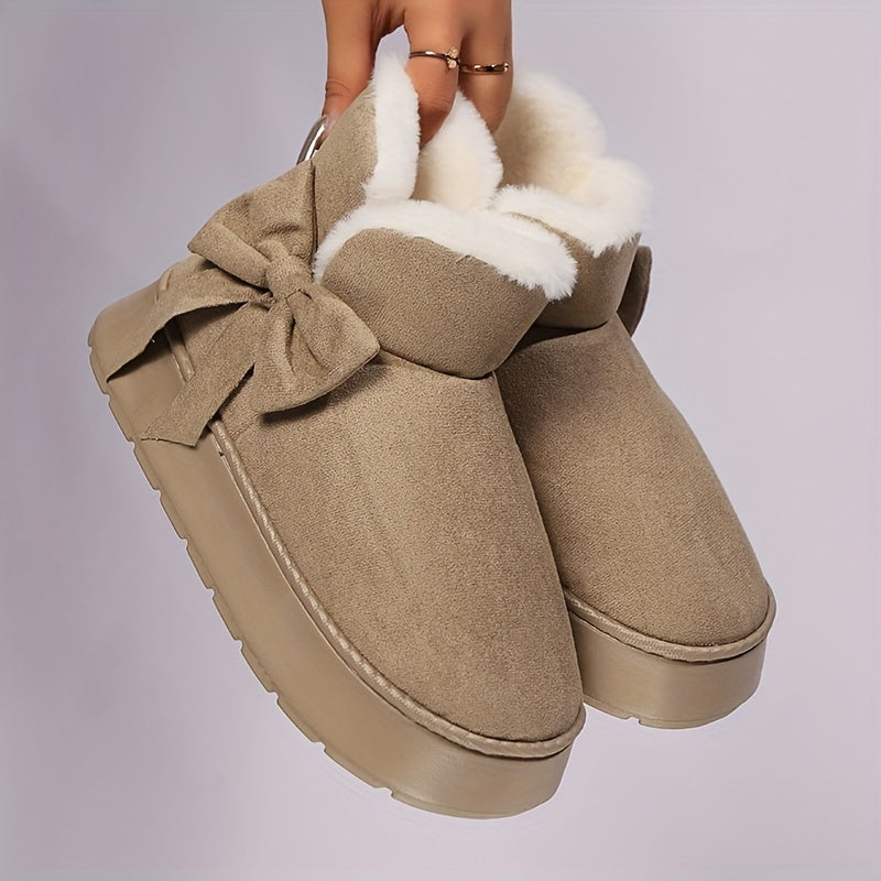 Gezellige Winter Sneeuwlaarzen met Pluche Voering voor Mannen en Vrouwen - Elegante Strikdetail, Zachte Zool, Binnen/Buiten Mode Slippers in Grijs, Roze, Zwart, Beige - Warm Thuis Schoeisel
